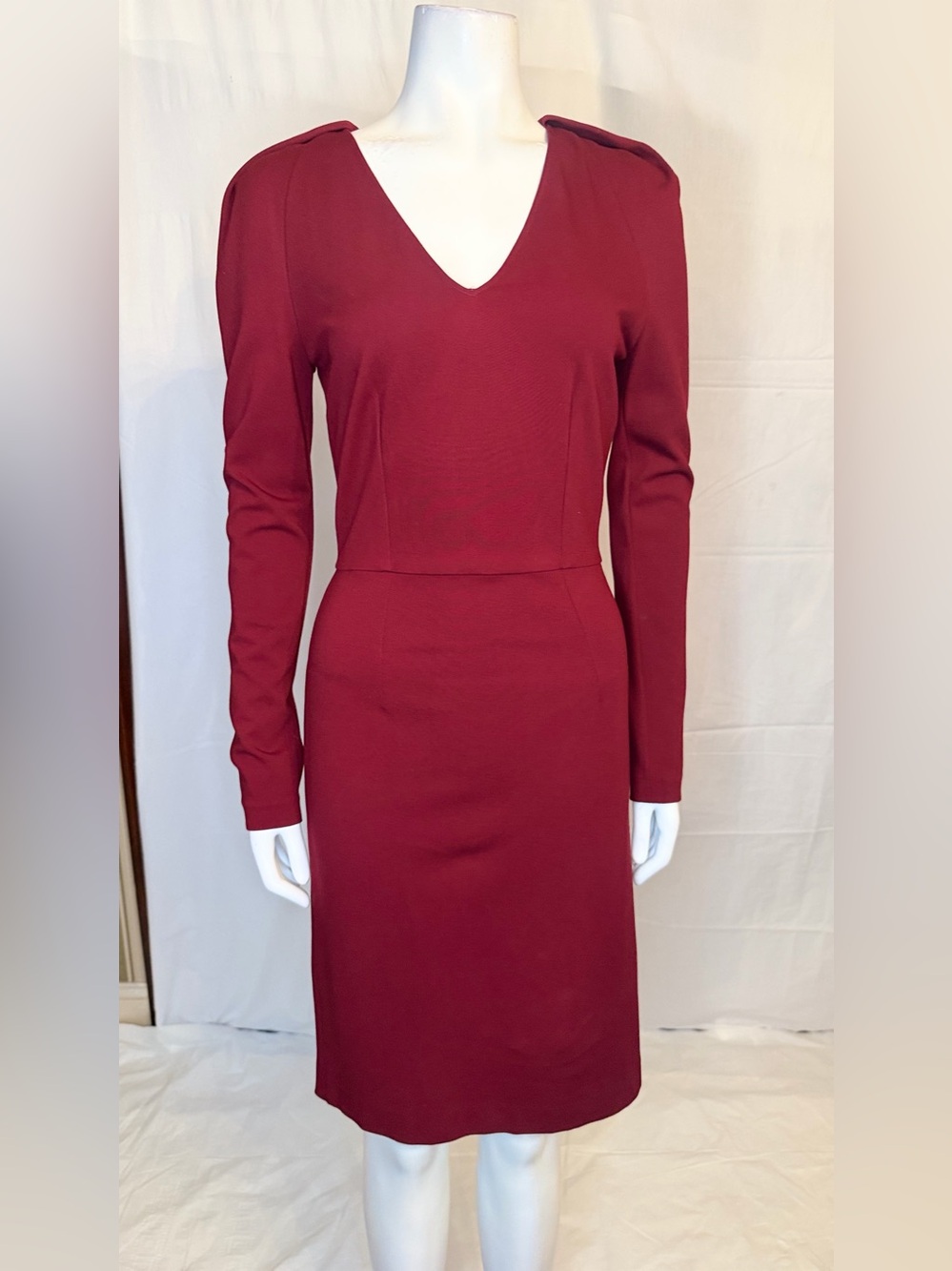Stella McCartney Wine Red Long Sleeve V-Neck Sheath Dress